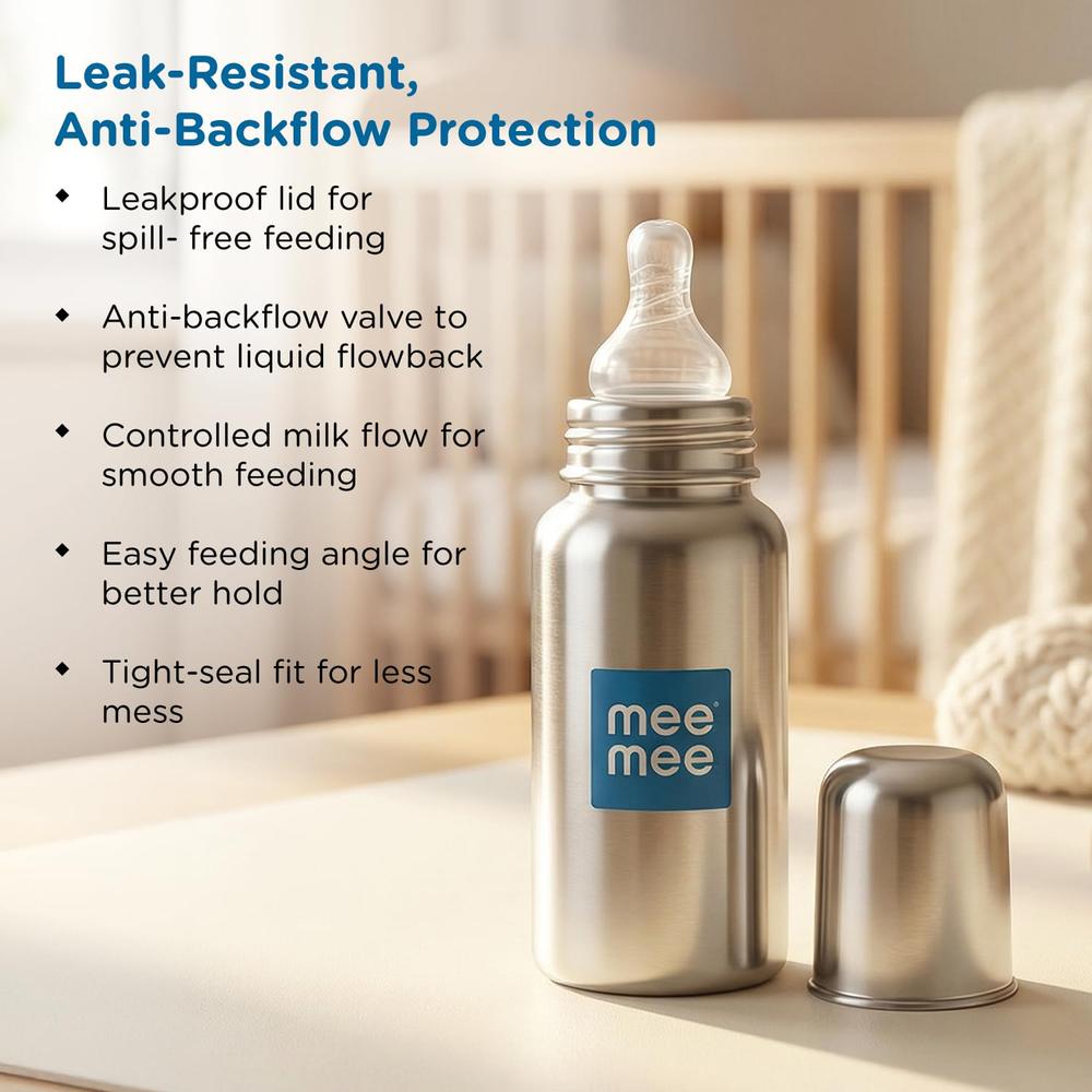 Mee Mee Premium Steel Feeding Bottle with Easy Flow Nipple - 240ml | L Size | SS304