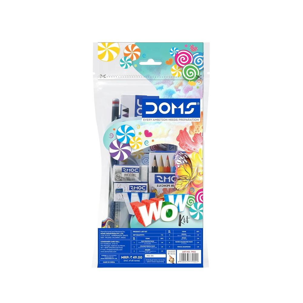Doms Wow Craft Kit - Wax Crayon Pack, Color Pencil Pack, Water Color Pen Pack, Pencil, Scale, Eraser & Sharpener