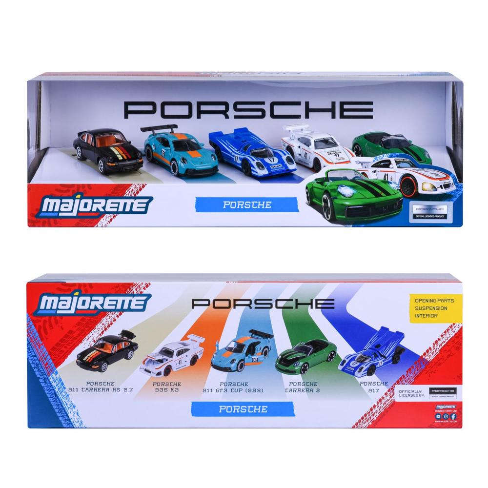 Set of 5 Licensed Majorette Diecast Cars (Porsche) - Porsche 917, Porsche 911 Carrera RS 2.7, Porsche 911 Carrera S, Porsche 935 K3, Porsche 911 GT3 Cup (992)