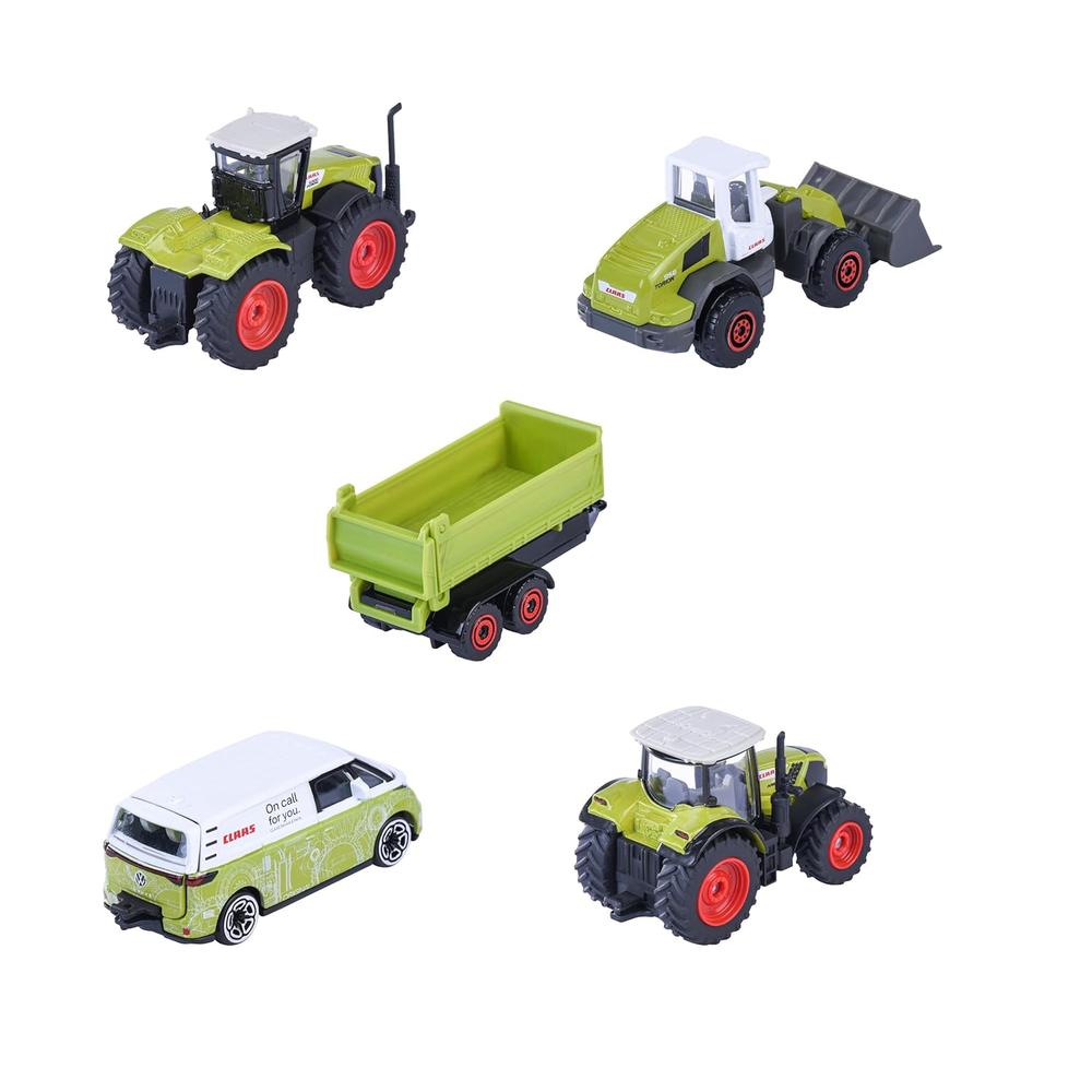 Set of 5 Licensed Majorette Diecast Cars (Farm) - Claas Arion 660, Claas Xerion 5000, Claas Torion 956-537 Sinus, Volkswagen ID. Buzz, Farm trailer