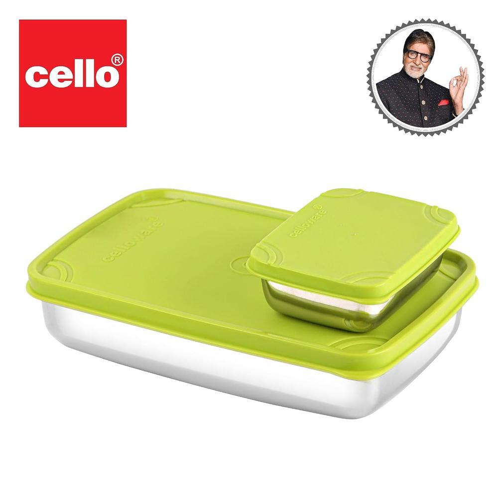 Cello Stainless Steel Max Steel Lunch Box with Air-Tight Lid - 2 Units (200ml, 1.1L) | Green