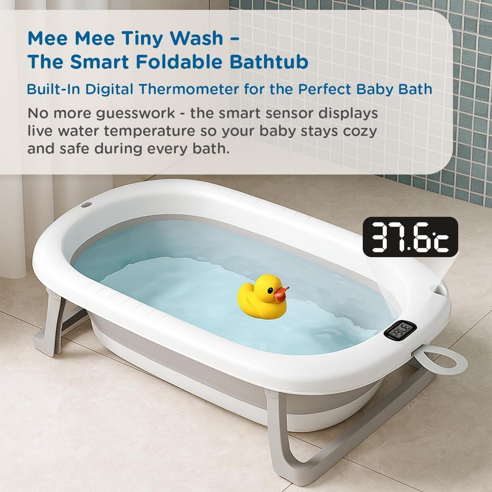 Mee Mee Mini Wash Baby Bath Tub with Digital Temperature Display | Foldable BPA-Free Infant Tub with Anti-Skid Base (Upto 18 Kg) | Grey