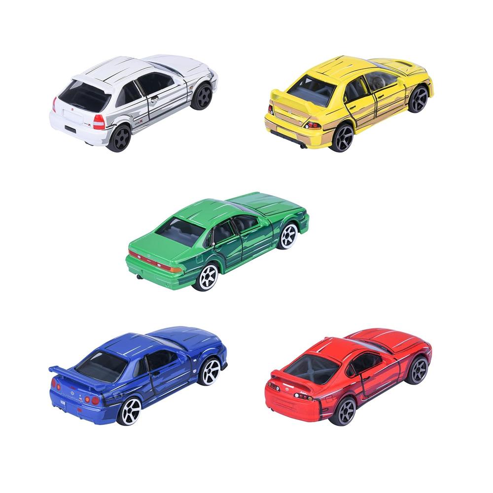 Set of 5 Licensed Majorette Diecast Cars (JDM Legends) - Honda Civic Type R EK9, Nissan Cefiro A31, Nissan Skyline GT-R R34, Toyota Supra JZA80, Mitsubishi Lancer Evolution 9