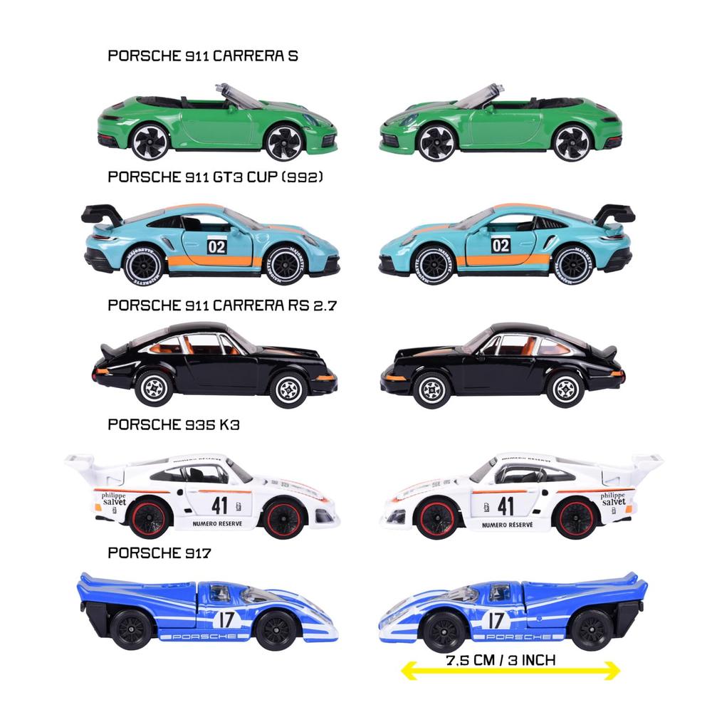 Set of 5 Licensed Majorette Diecast Cars (Porsche) - Porsche 917, Porsche 911 Carrera RS 2.7, Porsche 911 Carrera S, Porsche 935 K3, Porsche 911 GT3 Cup (992)