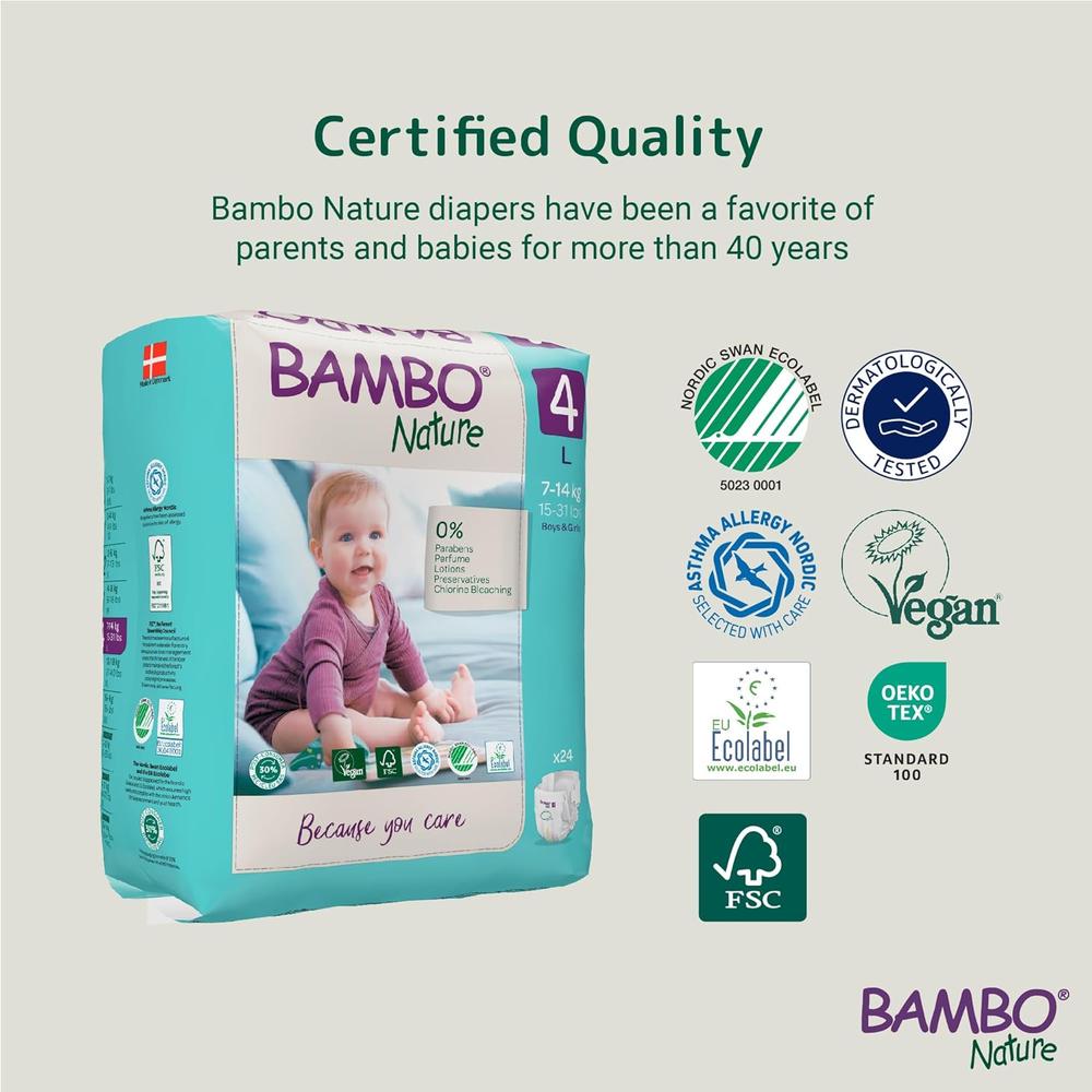 Bambo Nature (4-Large) Premium Baby Tape Diapers | 24 Diapers | 7-14 Kg | 15-31 lbs