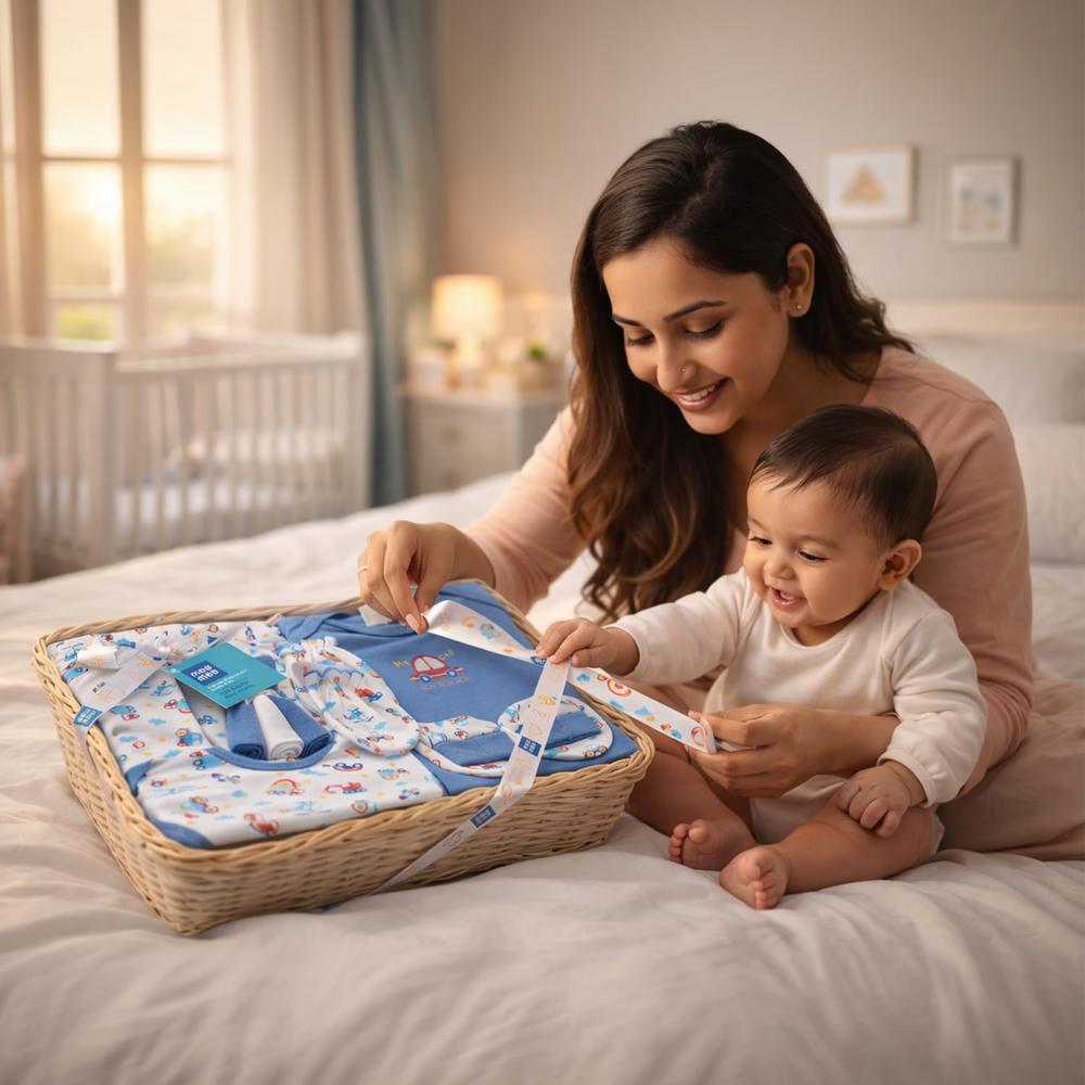 Mee Mee 8 Pieces Newborn Gift Set with Premium Packaging - 100% Cotton Interlock Theme | Dark Blue