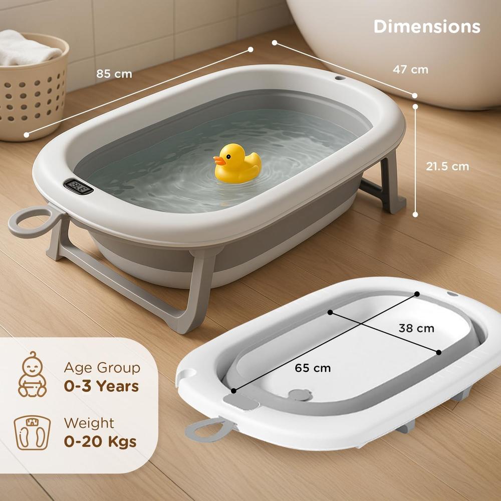 Mee Mee Mini Wash Baby Bath Tub with Digital Temperature Display | Foldable BPA-Free Infant Tub with Anti-Skid Base (Upto 18 Kg) | Grey