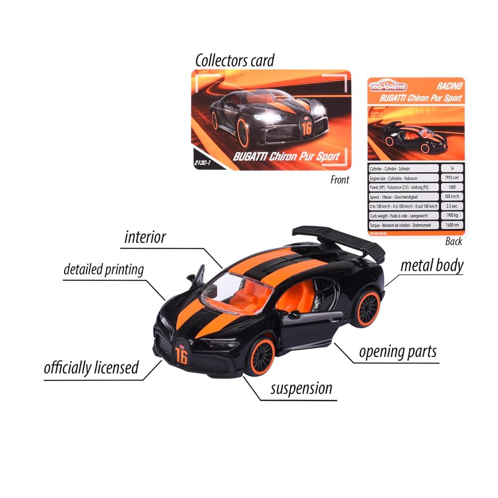 Original Licensed Majorette Bugatti Chiron Pur Sport Diecast Car - Black - Orange