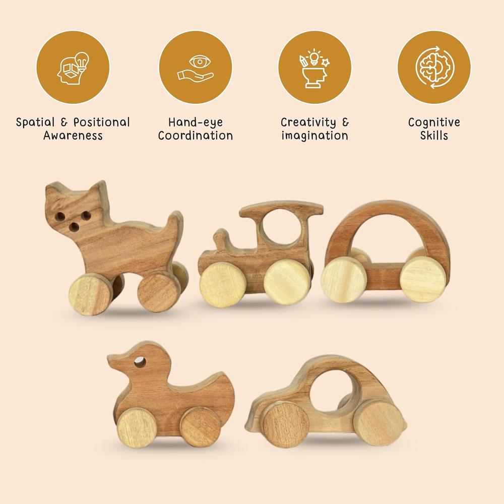 Little Ginnie Set of 5 Neemwood Wheels Toys - Durable & Eco-Friendly Wooden Toy