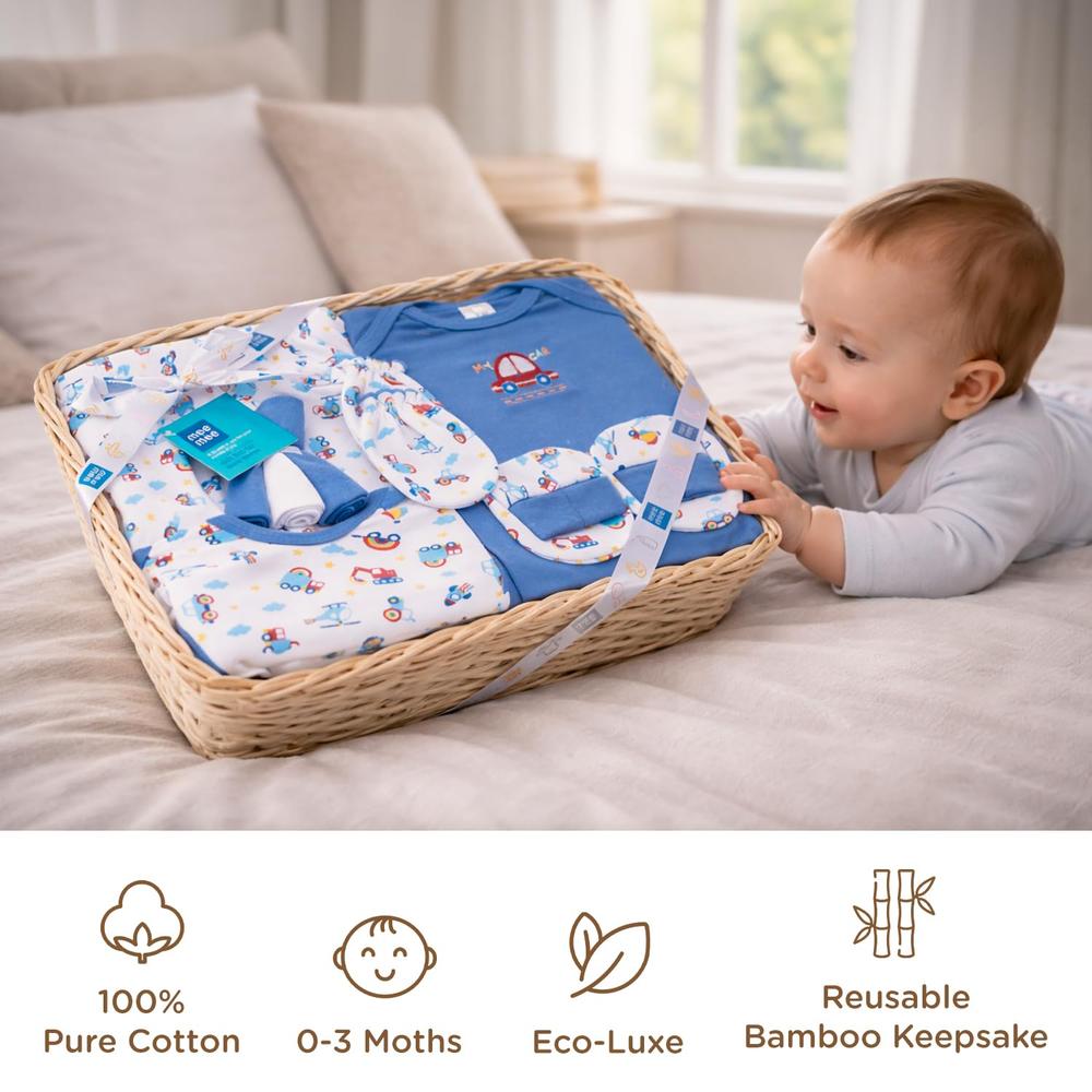 Mee Mee 8 Pieces Newborn Gift Set with Premium Packaging - 100% Cotton Interlock Theme | Dark Blue