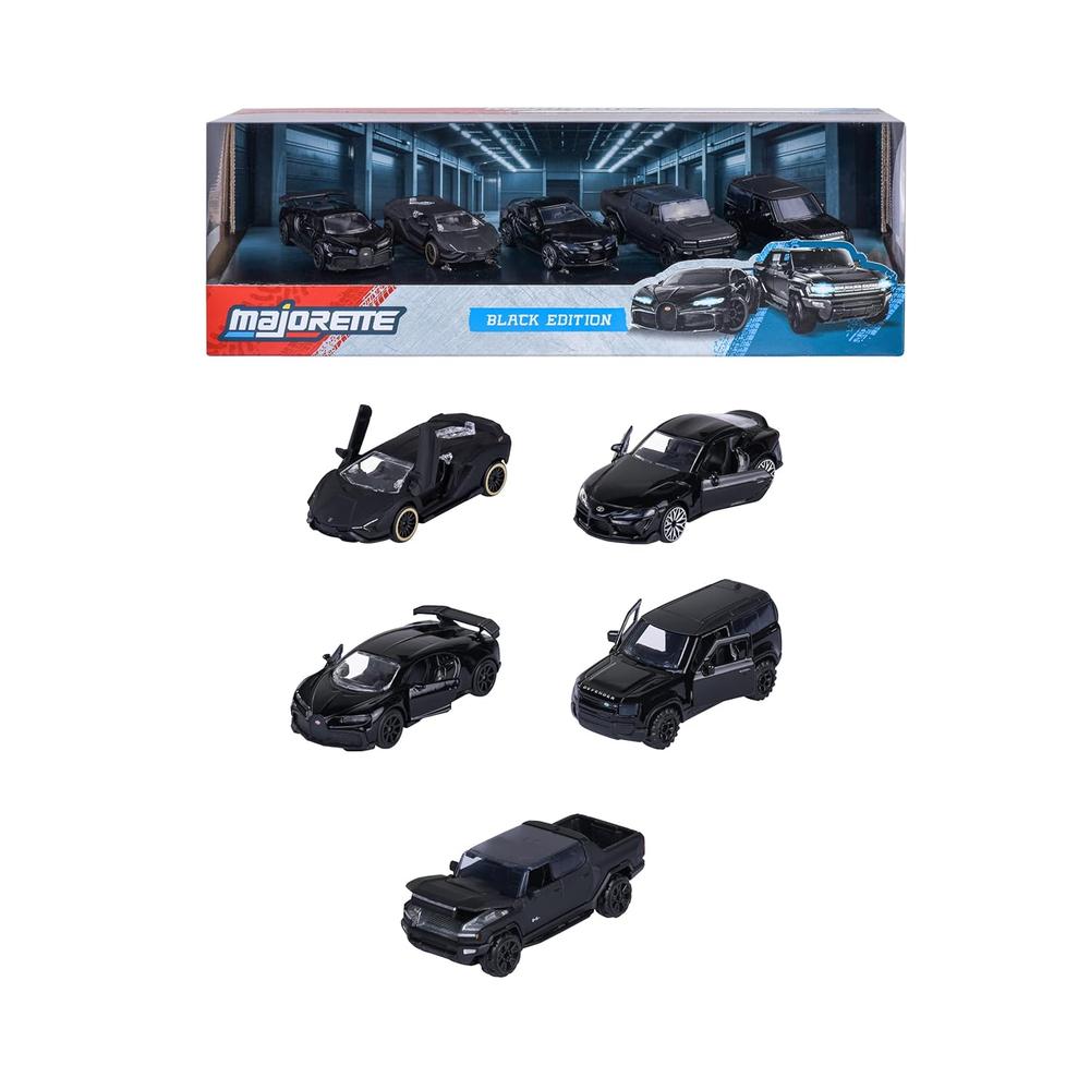 Set of 5 Licensed Majorette Diecast Cars (Black Edition) -  Bugatti Chiron Pur Sport, Lamborghini Sián FKP 37, Toyota GR Supra, Land Rover Defender 90, GMC Hummer EV