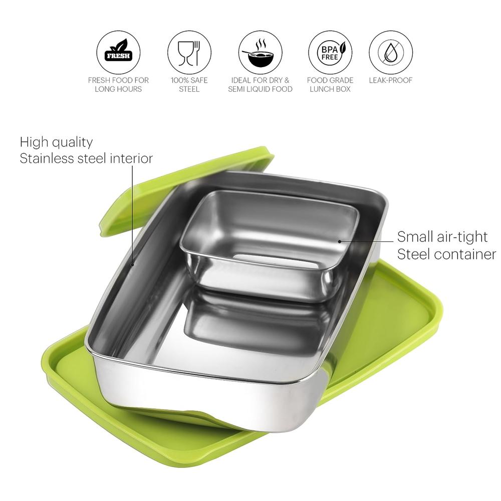 Cello Stainless Steel Max Steel Lunch Box with Air-Tight Lid - 2 Units (200ml, 1.1L) | Green