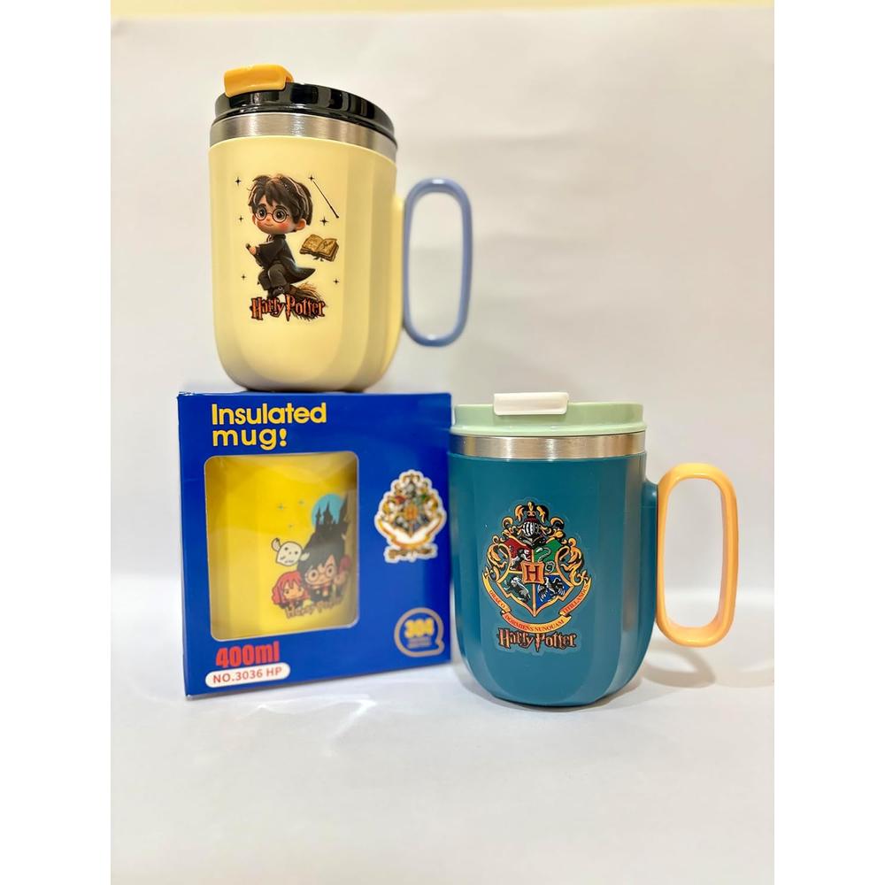 Harry Potter Theme Insulated Mug with Lid and Straw - 400ml | Stainless Steel | Lime Yellow