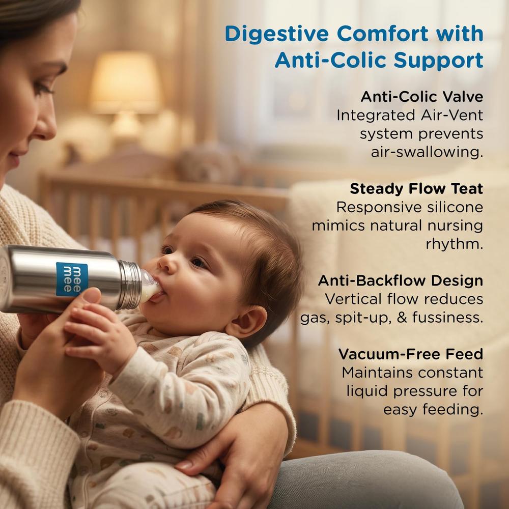 Mee Mee Premium Steel Feeding Bottle with Easy Flow Nipple - 240ml | L Size | SS304