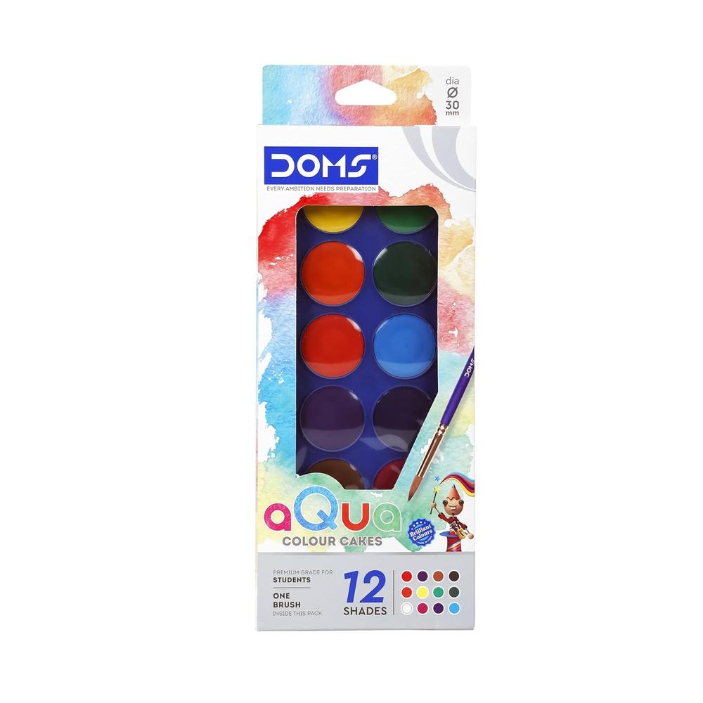 Doms Aqua Color Cakes Water Colors with 1 Brush - 12 Shades | 30mm