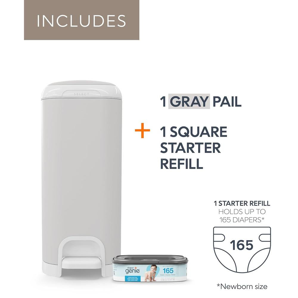 Diaper Genie Select Diaper Pail with Starter Refill - 13ft | Odor-Lock System with Push N Lock Clamp | Grey