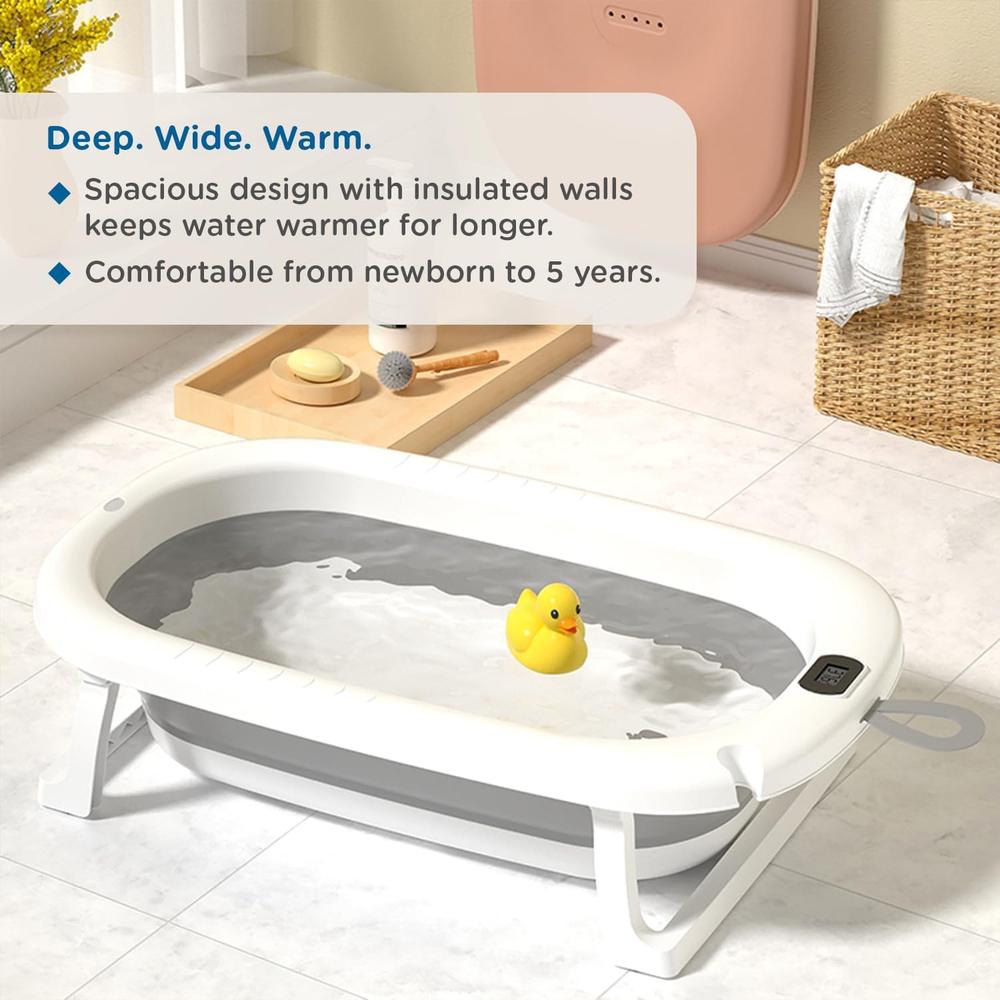 Mee Mee Mini Wash Baby Bath Tub with Digital Temperature Display | Foldable BPA-Free Infant Tub with Anti-Skid Base (Upto 18 Kg) | Grey