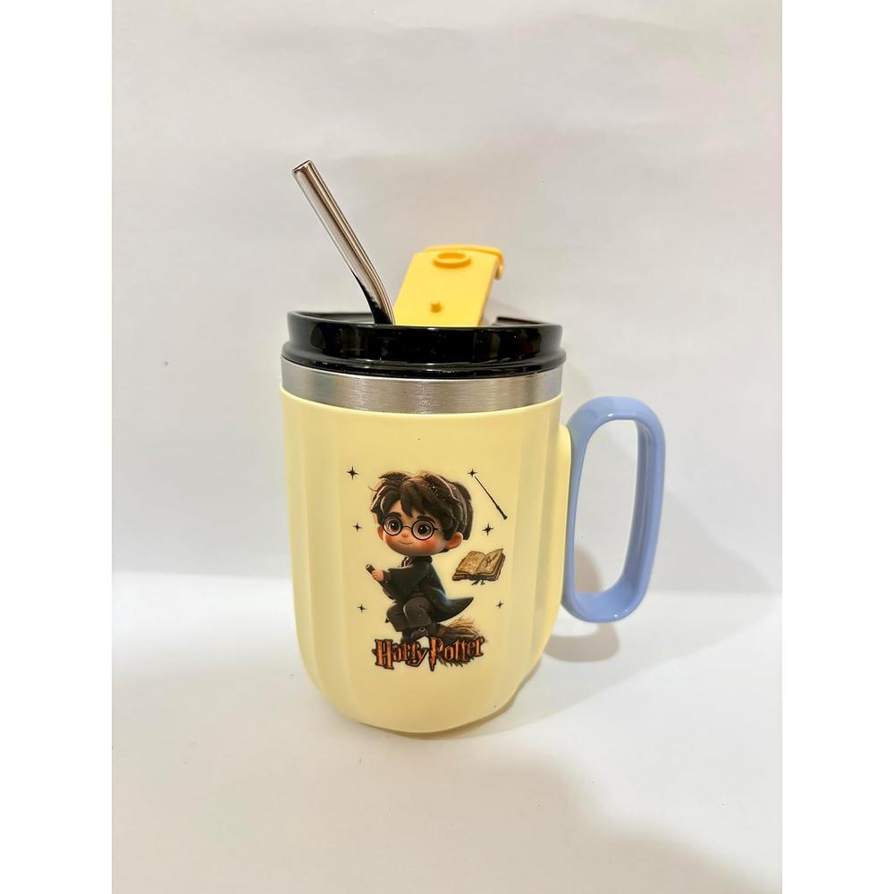 Harry Potter Theme Insulated Mug with Lid and Straw - 400ml | Stainless Steel | Lime Yellow