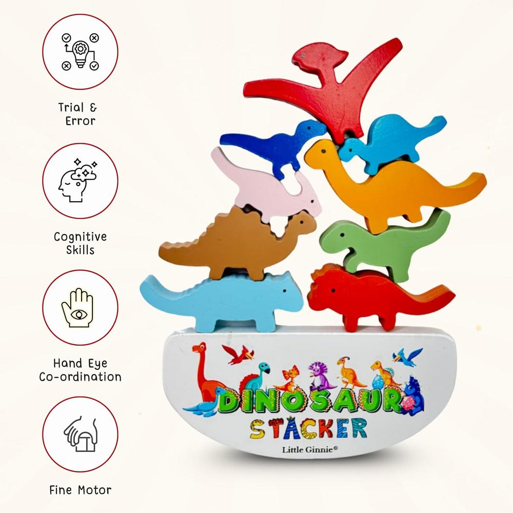 Little Ginnie Wooden Dino Balancing Building Blocks - 10 Pieces
