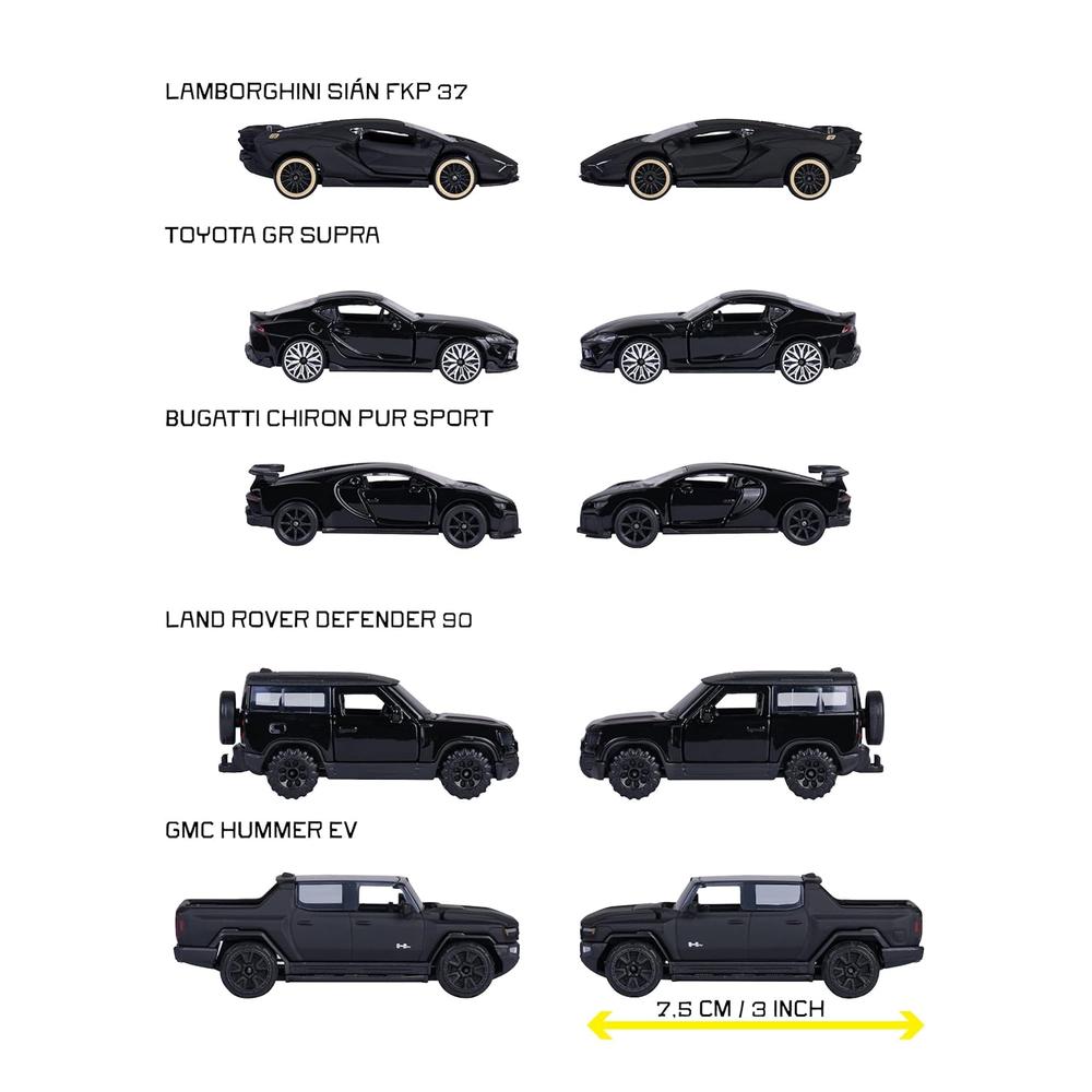 Set of 5 Licensed Majorette Diecast Cars (Black Edition) -  Bugatti Chiron Pur Sport, Lamborghini Sián FKP 37, Toyota GR Supra, Land Rover Defender 90, GMC Hummer EV
