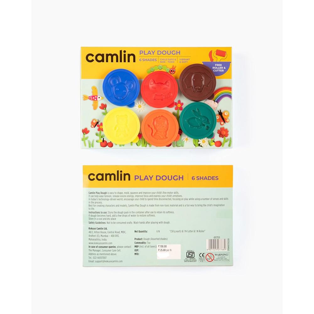 Camlin 6 Shades Play Dough Set with Roller & Cutter - Child Safe & Non-Toxic