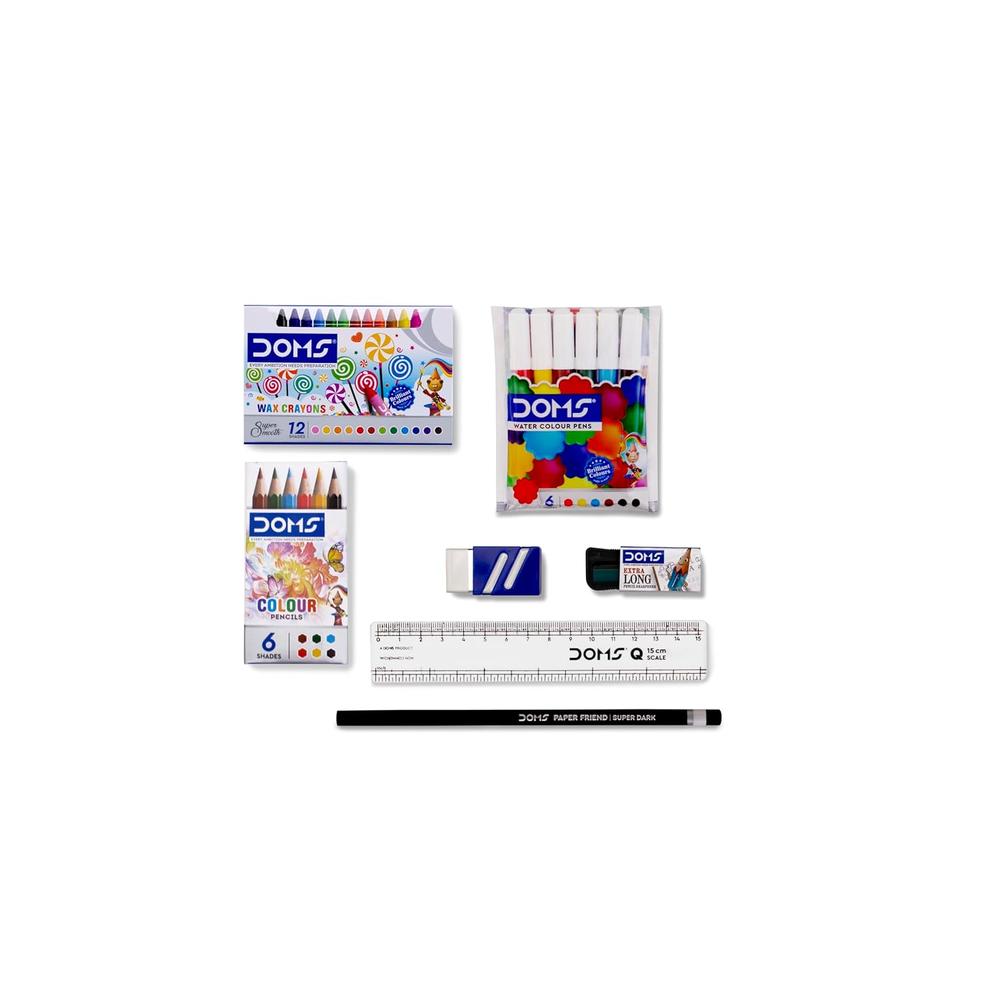 Doms Wow Craft Kit - Wax Crayon Pack, Color Pencil Pack, Water Color Pen Pack, Pencil, Scale, Eraser & Sharpener