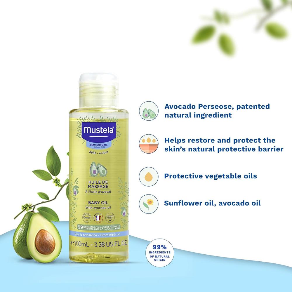 Mustela Baby Massage Oil - 100ml | Avocado Oil, Sunflower Oil & Protective Vegetable Oil
