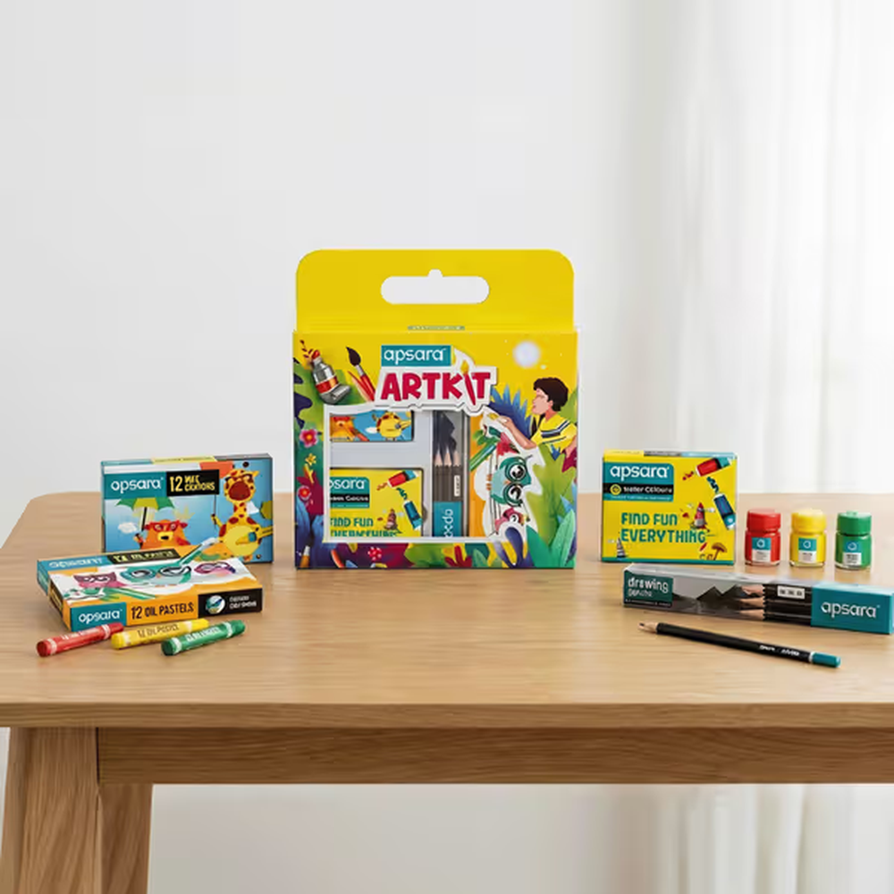 Apsara Art Kit - 12 Wax Crayons, 3 Drawing Pencils, 6 Water Color Tubes, 12 Oil Pastels, 3 Poster Colors