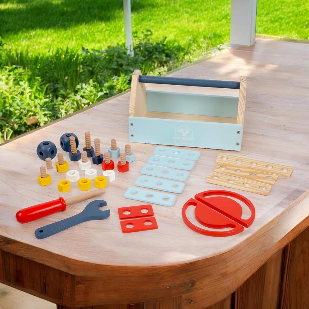 Little Ginnie Wooden Builder's Toolbox Playset - Screwdriver, Wrench, Nuts & Bolts