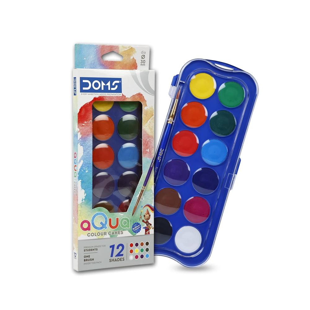 Doms Aqua Color Cakes Water Colors with 1 Brush - 12 Shades | 30mm