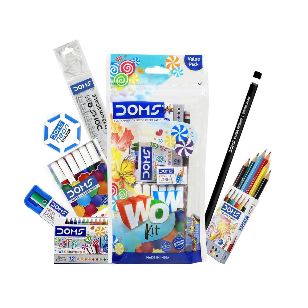 Doms Wow Craft Kit - Wax Crayon Pack, Color Pencil Pack, Water Color Pen Pack, Pencil, Scale, Eraser & Sharpener