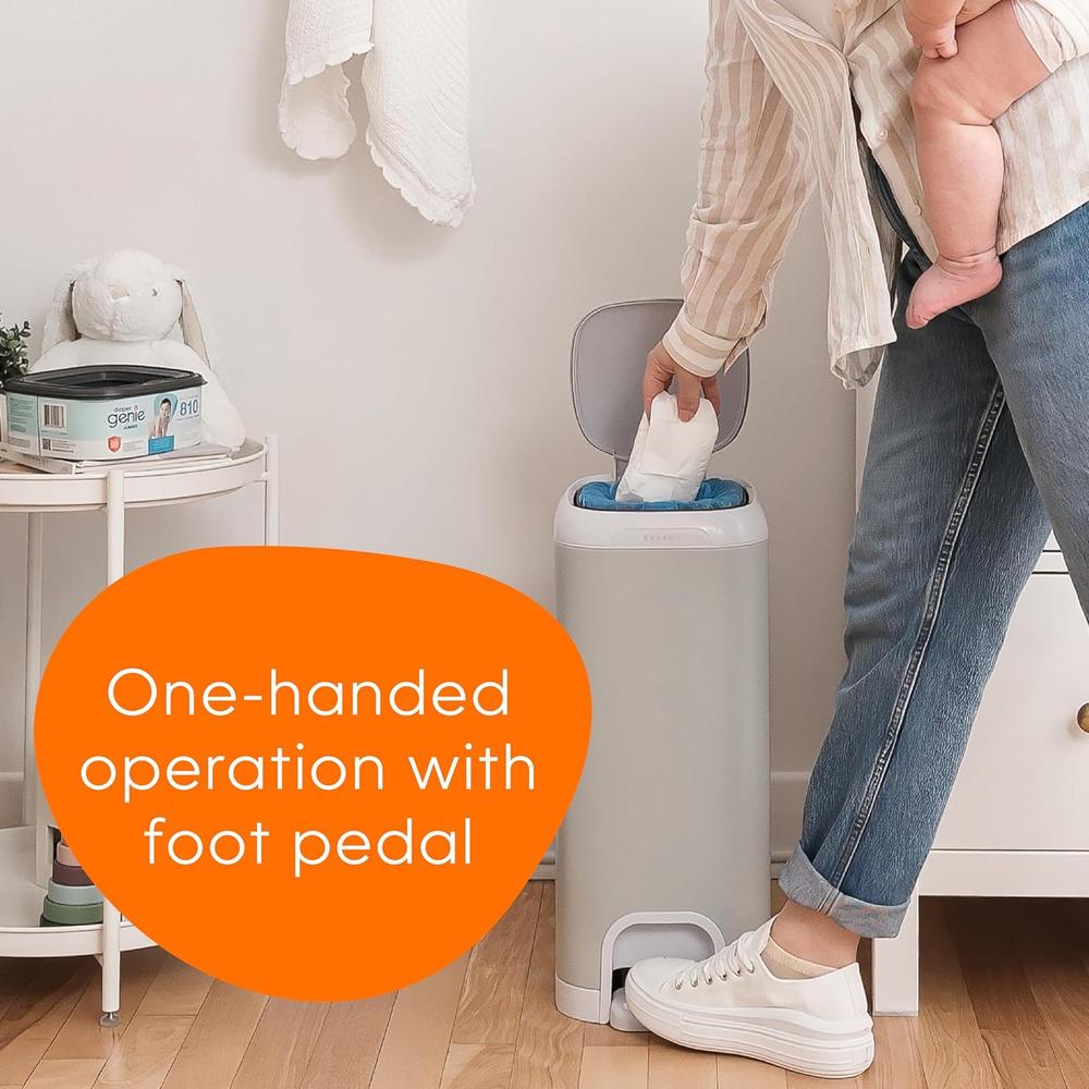 Diaper Genie Select Diaper Pail with Starter Refill - 13ft | Odor-Lock System with Push N Lock Clamp | Grey