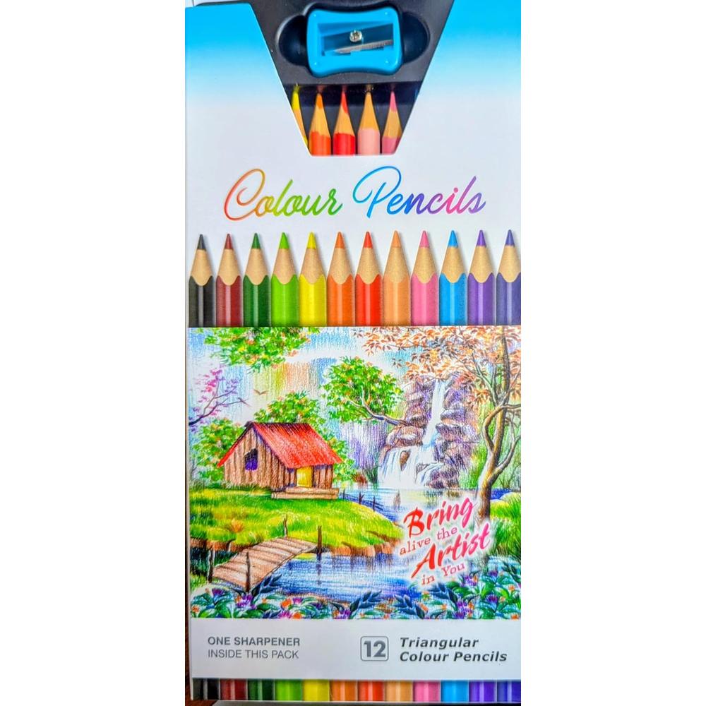 Joy of Creation Triangular Colour Pencils Set – 12 Shades with Sharpener