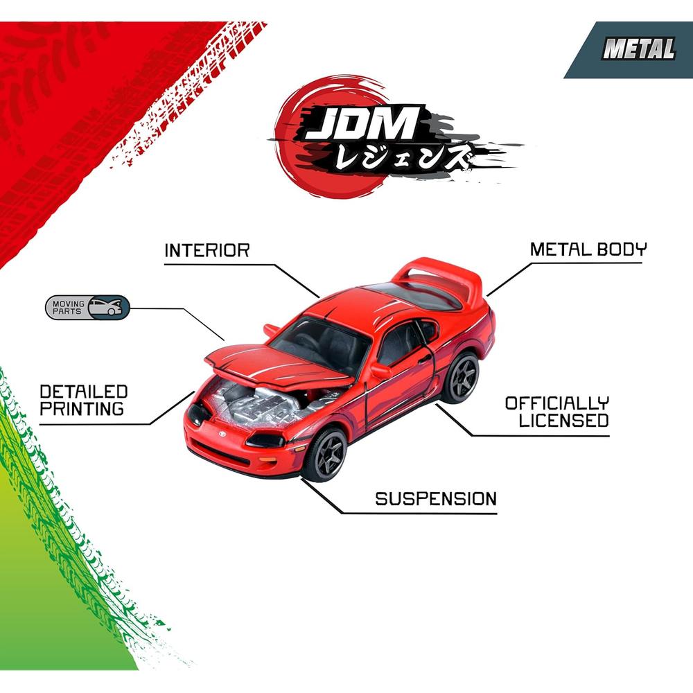 Set of 5 Licensed Majorette Diecast Cars (JDM Legends) - Honda Civic Type R EK9, Nissan Cefiro A31, Nissan Skyline GT-R R34, Toyota Supra JZA80, Mitsubishi Lancer Evolution 9