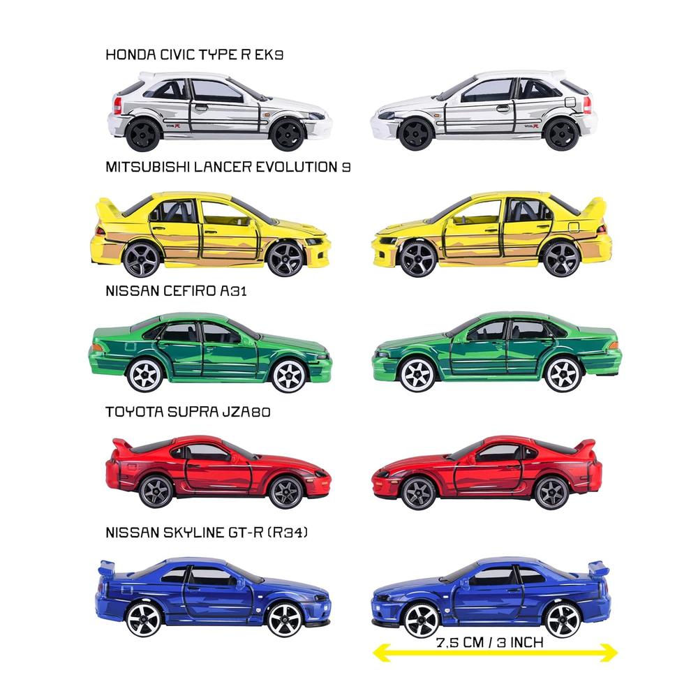 Set of 5 Licensed Majorette Diecast Cars (JDM Legends) - Honda Civic Type R EK9, Nissan Cefiro A31, Nissan Skyline GT-R R34, Toyota Supra JZA80, Mitsubishi Lancer Evolution 9