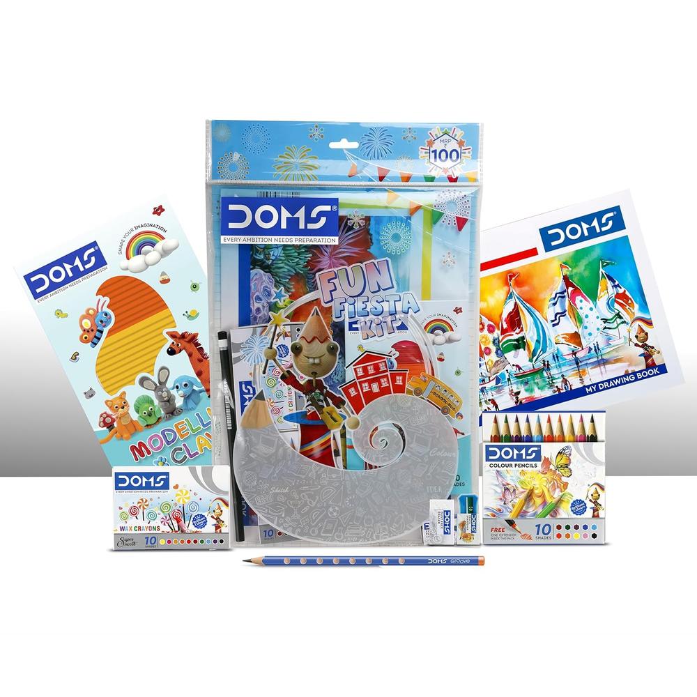 Doms Fun Fiesta Kit - Drawing Book, Modelling Clay Pack, Wax Crayon Pack, Water Color Pen Pack, Pencil, Eraser & Sharpener