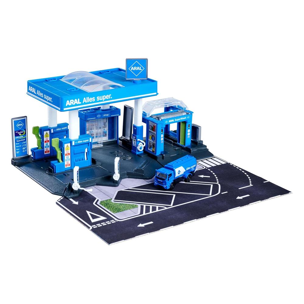 Original Licensed Majorette ARAL Petrol Station Playset with Fuel Tanker | 6 Parking Spaces, Car Wash & EV Charger