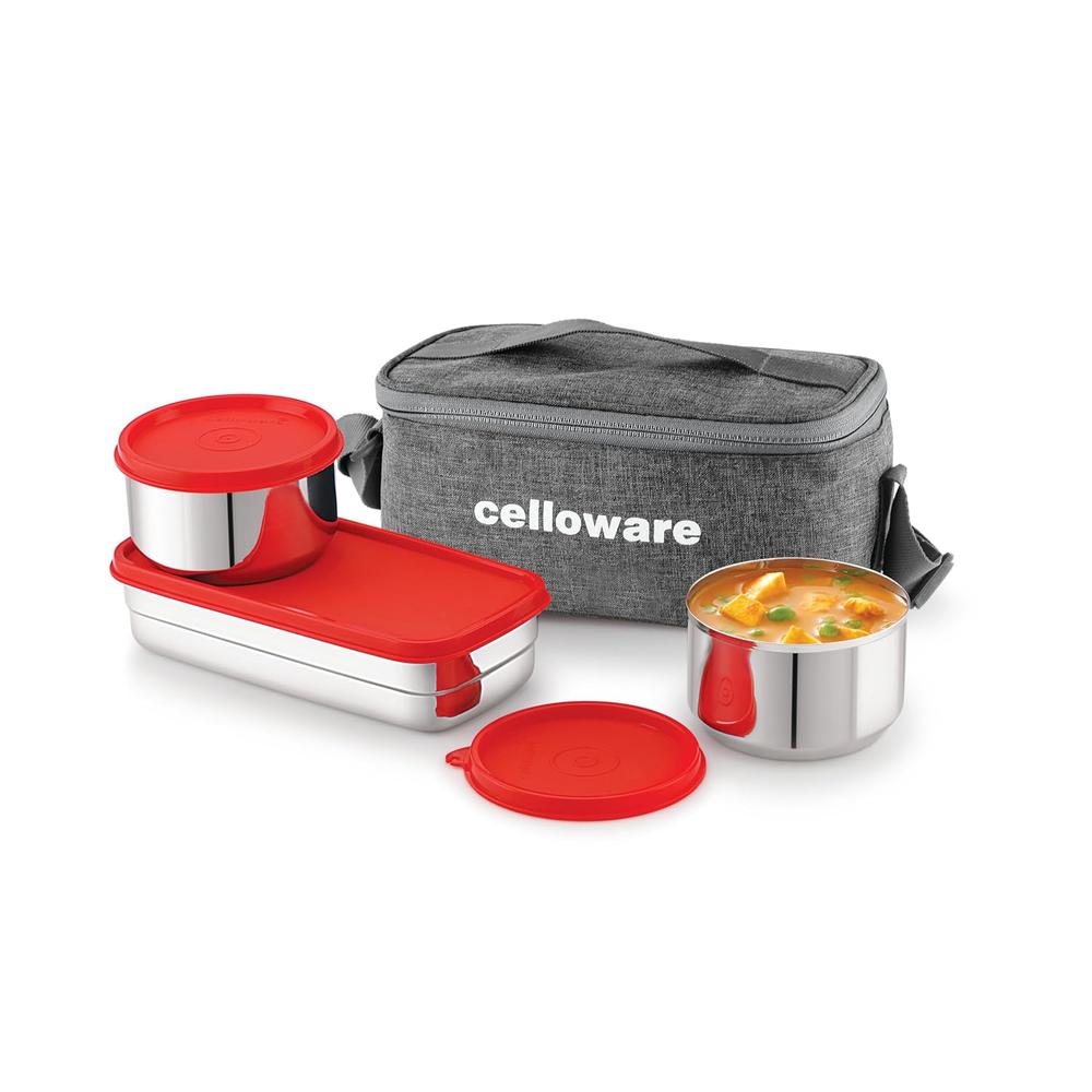 Cello Hot N Fresh Lunch Box Set with Bag - 3 Containers | Outer Plastic & Inner Stainless Steel | Grey-Red