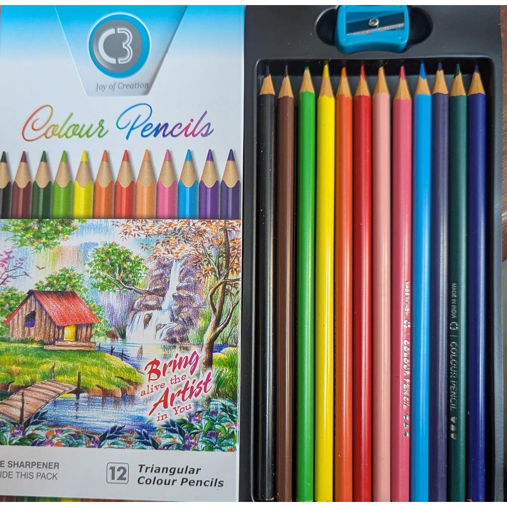 Joy of Creation Triangular Colour Pencils Set – 12 Shades with Sharpener