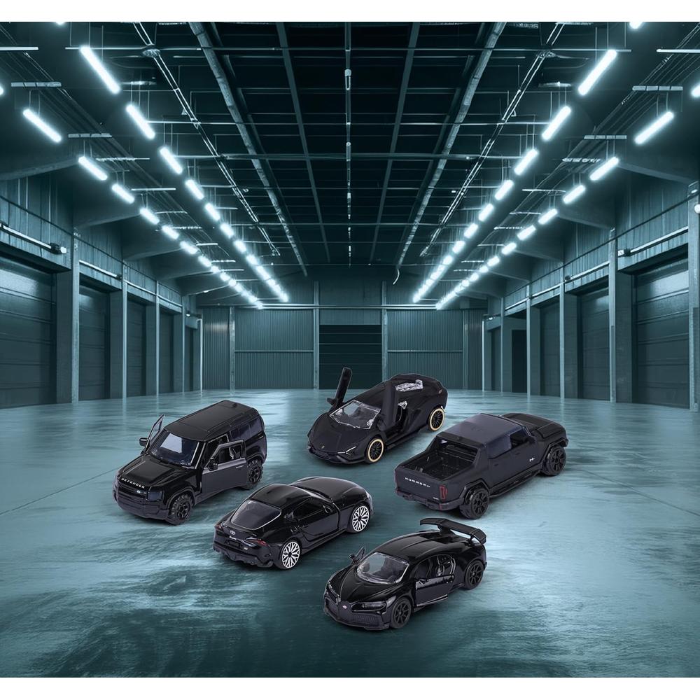 Set of 5 Licensed Majorette Diecast Cars (Black Edition) -  Bugatti Chiron Pur Sport, Lamborghini Sián FKP 37, Toyota GR Supra, Land Rover Defender 90, GMC Hummer EV