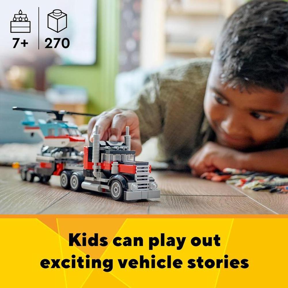 LEGO Creator Flatbed Truck with Helicopter Vehicle Toy 3 in 1 Building Set - 270 Pieces | 31146 (7-12 Years)