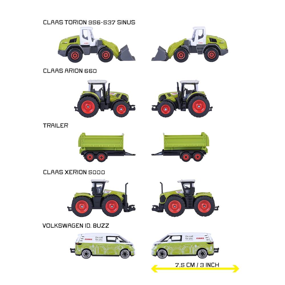 Set of 5 Licensed Majorette Diecast Cars (Farm) - Claas Arion 660, Claas Xerion 5000, Claas Torion 956-537 Sinus, Volkswagen ID. Buzz, Farm trailer