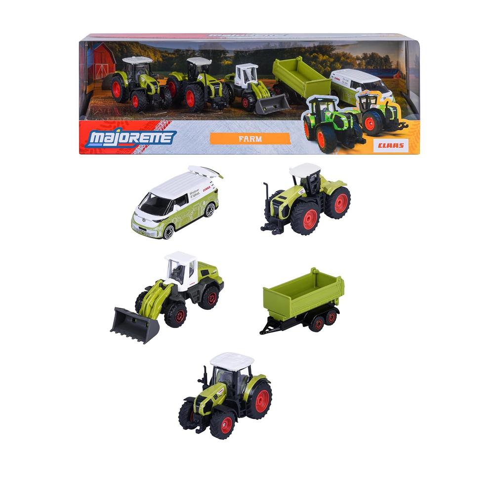 Set of 5 Licensed Majorette Diecast Cars (Farm) - Claas Arion 660, Claas Xerion 5000, Claas Torion 956-537 Sinus, Volkswagen ID. Buzz, Farm trailer