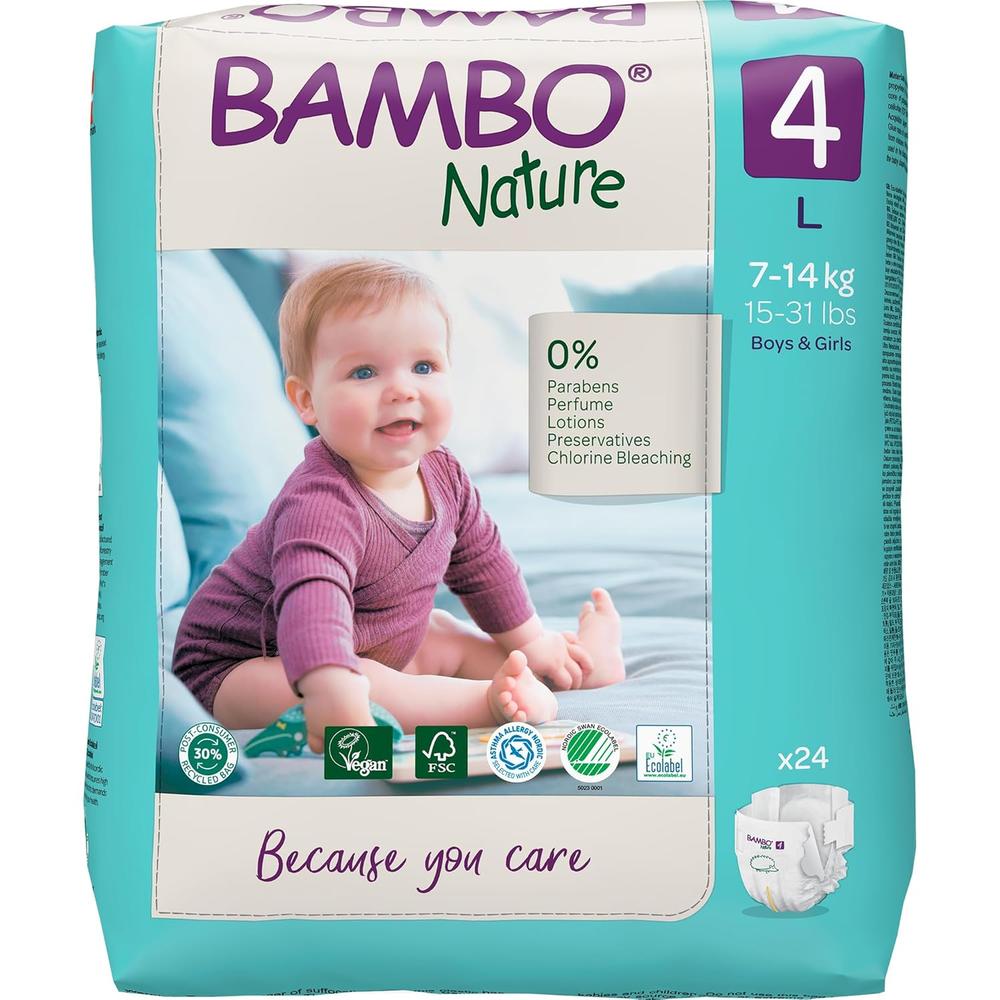 Bambo Nature (4-Large) Premium Baby Tape Diapers | 24 Diapers | 7-14 Kg | 15-31 lbs