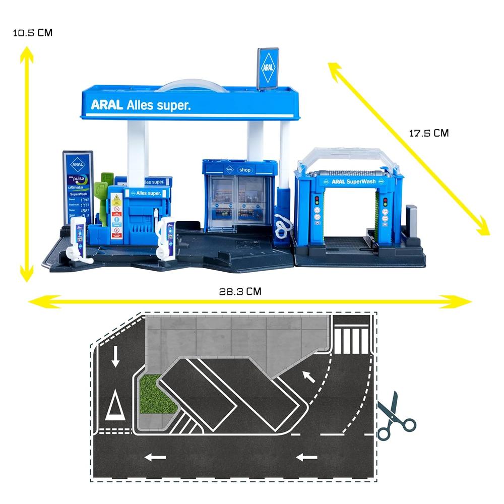 Original Licensed Majorette ARAL Petrol Station Playset with Fuel Tanker | 6 Parking Spaces, Car Wash & EV Charger