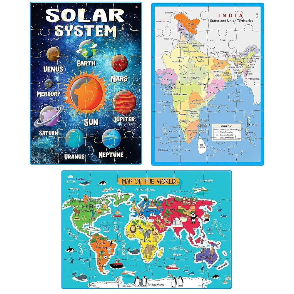 FunBlast 3 In 1 Jigsaw Puzzle - Solar System, Map Of India & World Map | 72 Pieces