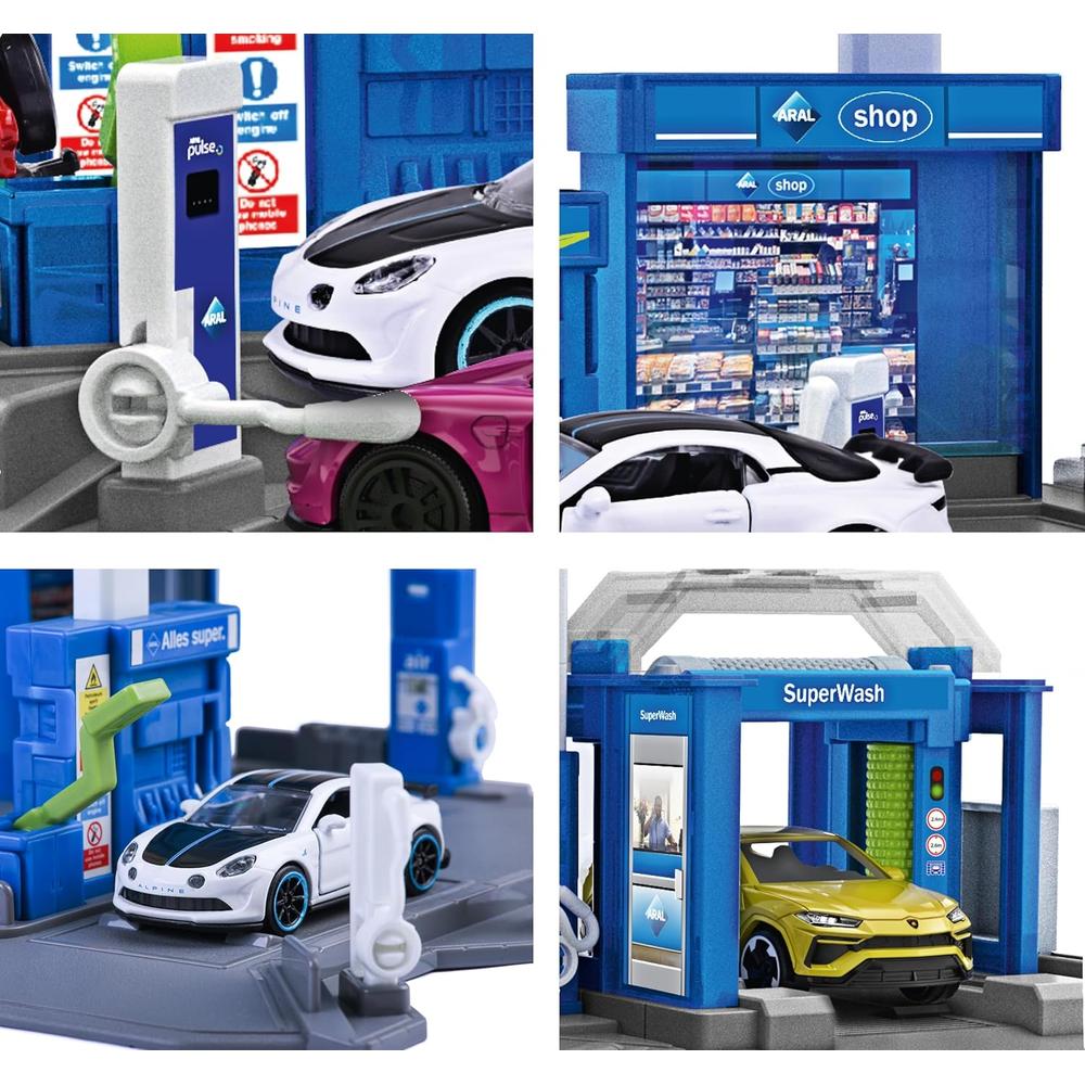 Original Licensed Majorette ARAL Petrol Station Playset with Fuel Tanker | 6 Parking Spaces, Car Wash & EV Charger