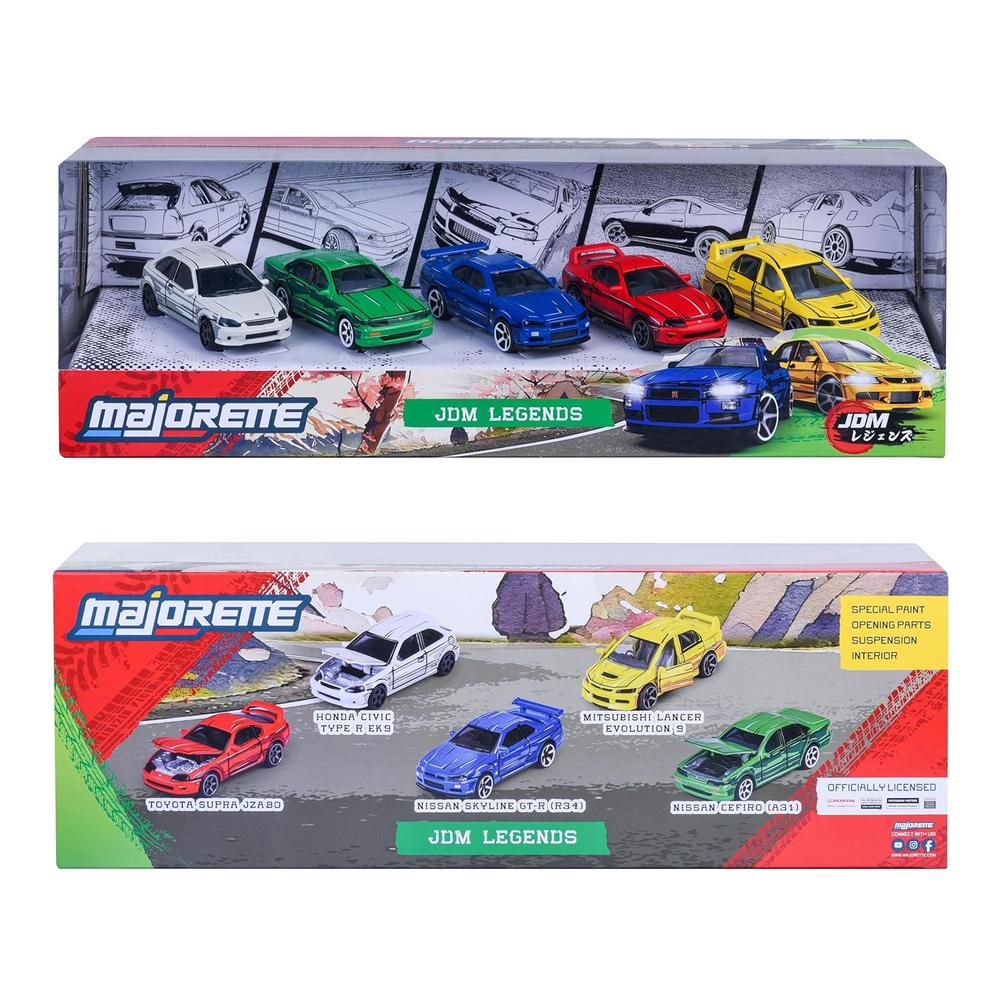 Set of 5 Licensed Majorette Diecast Cars (JDM Legends) - Honda Civic Type R EK9, Nissan Cefiro A31, Nissan Skyline GT-R R34, Toyota Supra JZA80, Mitsubishi Lancer Evolution 9
