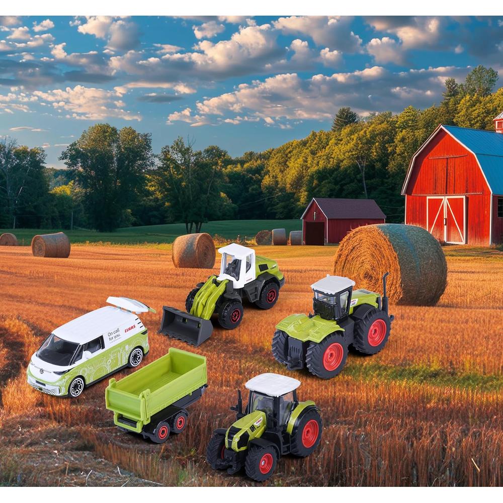 Set of 5 Licensed Majorette Diecast Cars (Farm) - Claas Arion 660, Claas Xerion 5000, Claas Torion 956-537 Sinus, Volkswagen ID. Buzz, Farm trailer