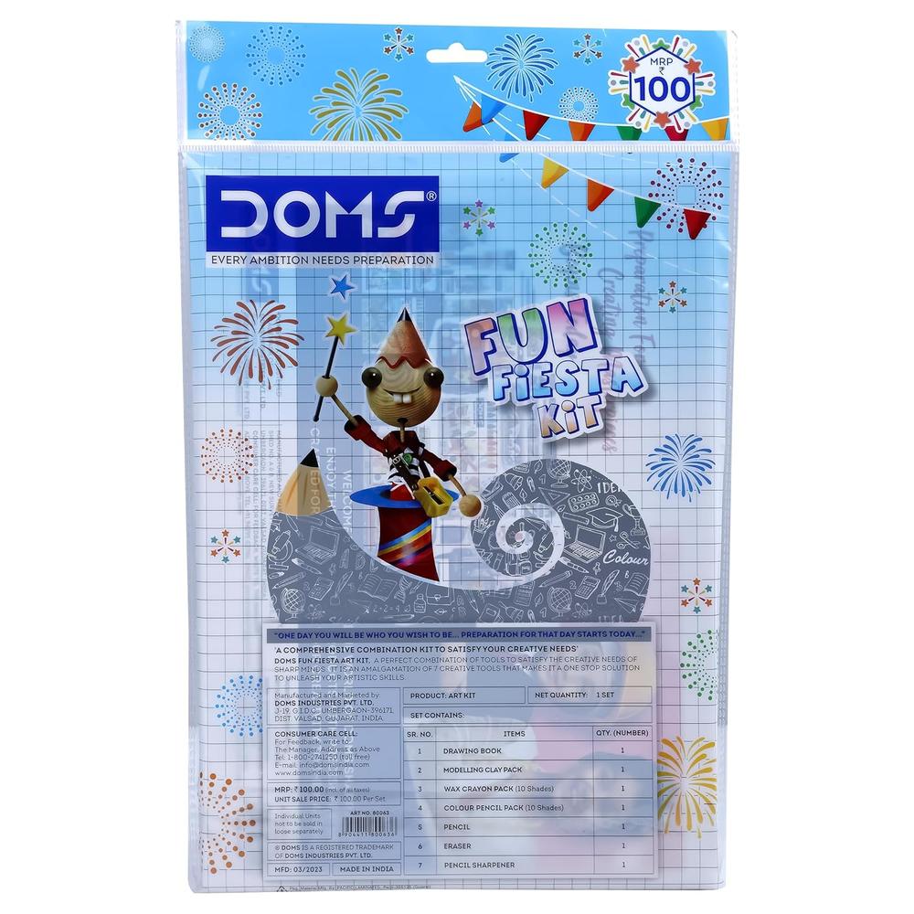 Doms Fun Fiesta Kit - Drawing Book, Modelling Clay Pack, Wax Crayon Pack, Water Color Pen Pack, Pencil, Eraser & Sharpener
